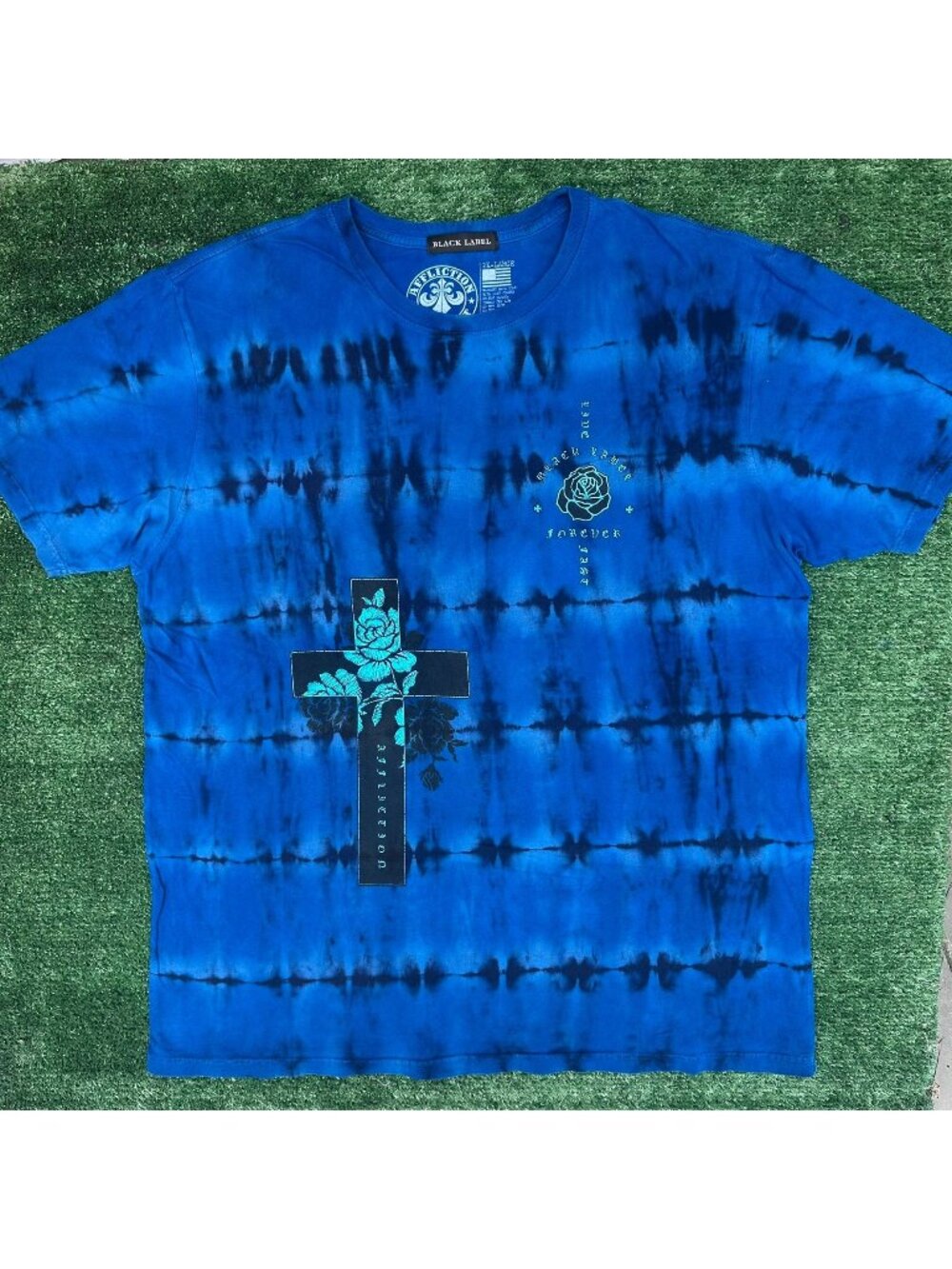Vintage Y2K Affliction Cross Rose Tie Dye T-Shirt Blue XXL Biker Gothic Grunge